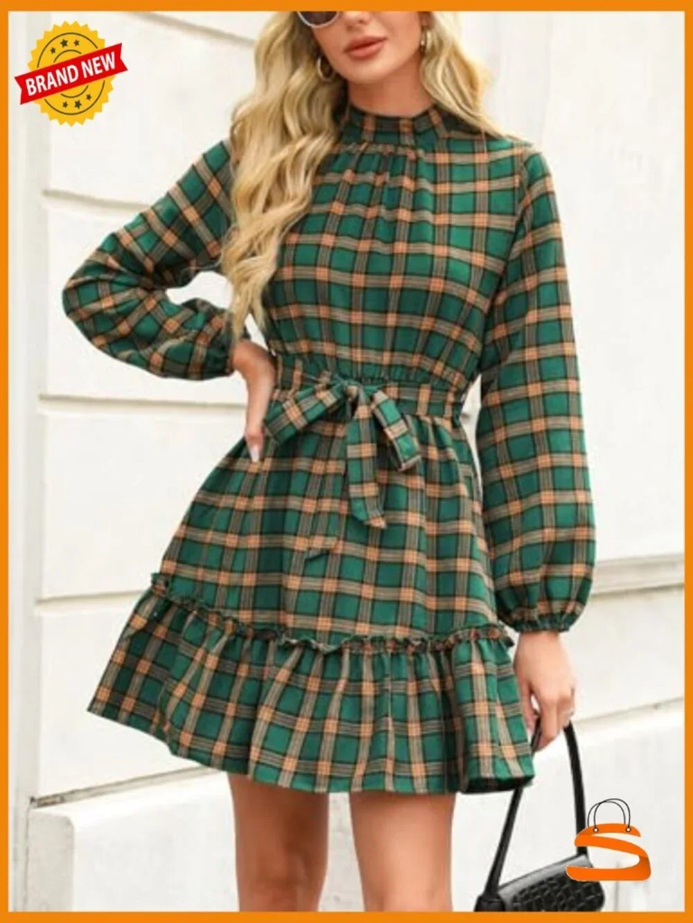 Mini Dress High Neck Plaid Long Sleeve Belted Ruffled Hem Short Dresses